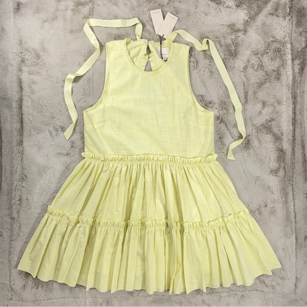 CINQ a SEPT sz LARGE 100% Cotton Tiered Mini Dress NWT Yellow Ruffle Sleeveless